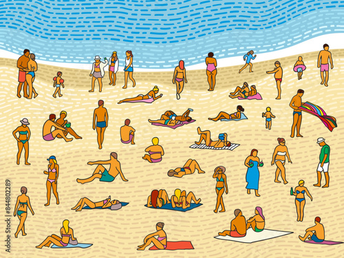 People on the beach poster set. People relaxing and sunbathing on the beach. Summer vacation posters.