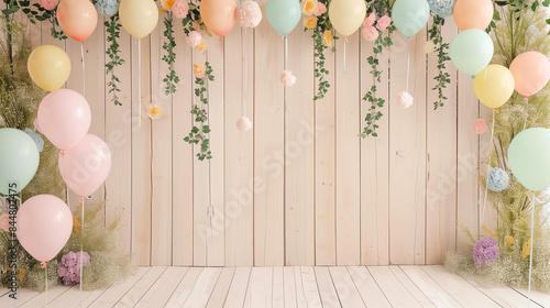 Festive photo zone made of light boards arranged vertically and pastel-colored inflatable balls. Copy space. photo