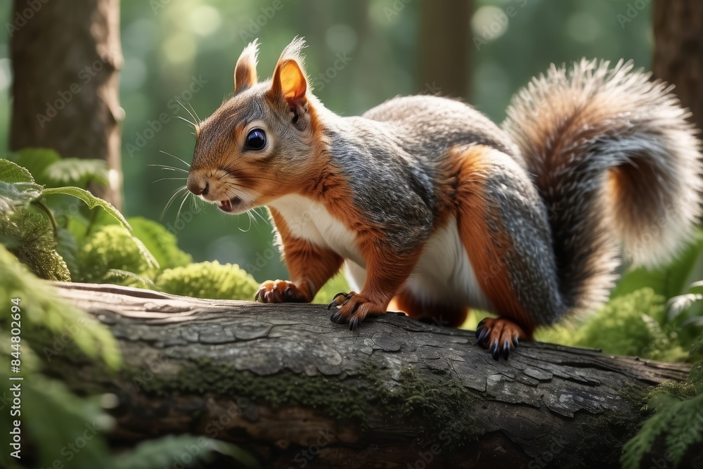 Curious squirrel  sitting on the tree in the forest close up portrait. Wild fauna, Natural habitat