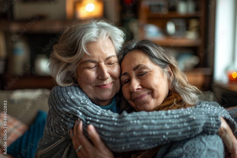 Two Elderly Women Hugging and Smiling Two Elderly Women Hugging and Smiling