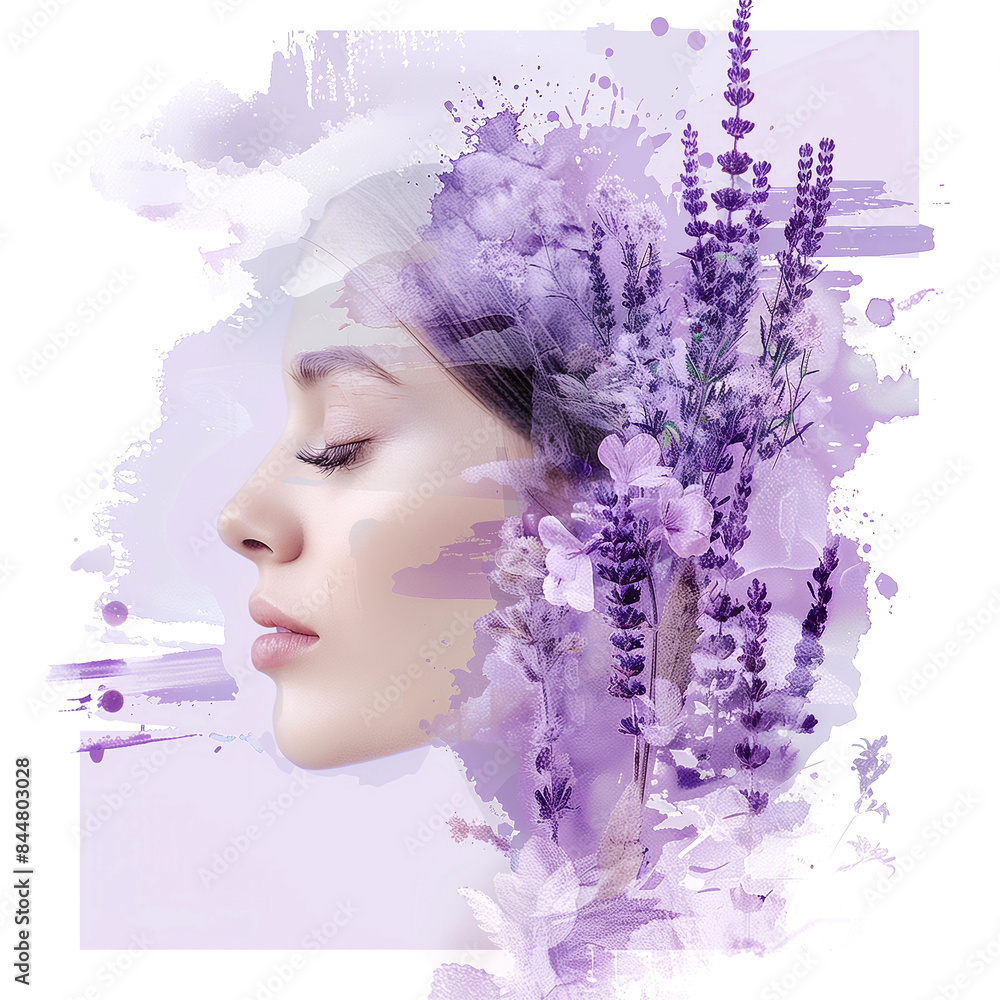 The portrait of a serene woman with her eyes closed, surrounded by lavender flowers and soft purple brushstrokes. The composition evokes a sense of tranquility and wellness. The portrait of a serene woman with her eyes closed, surrounded by lavender flowers and soft purple brushstrokes. The composition evokes a sense of tranquility and wellness.