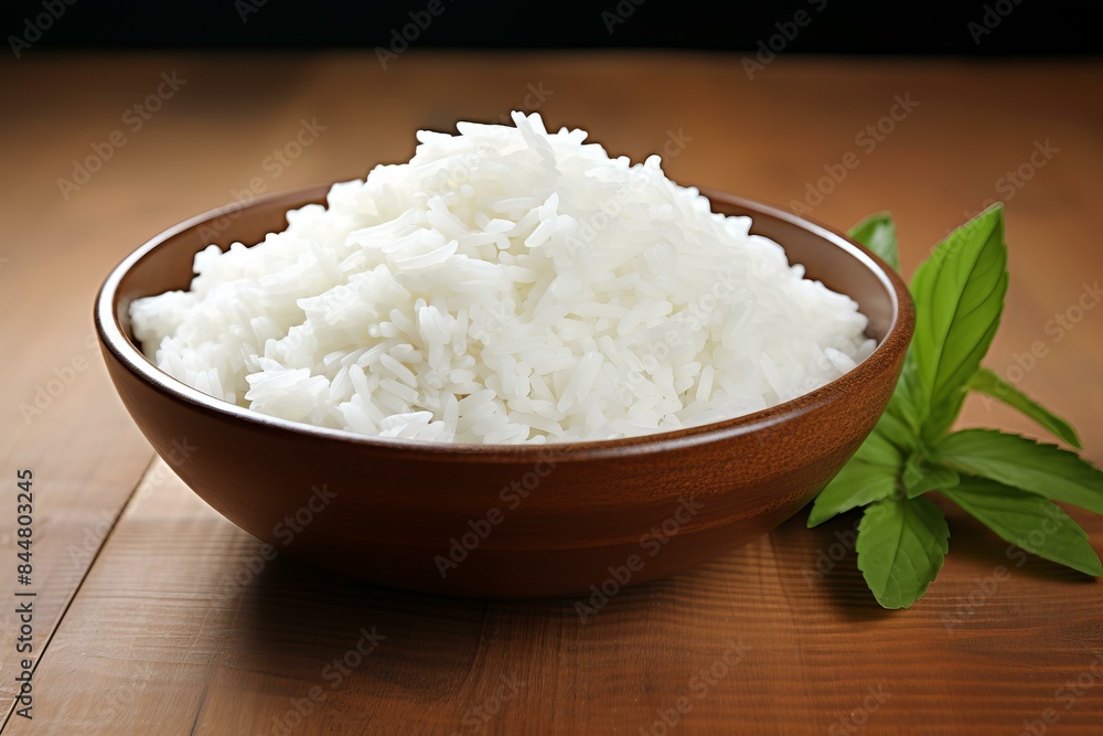 Freshly cooked white rice served in a rustic wooden bowl with green basil leaves on a wooden table Freshly cooked white rice served in a rustic wooden bowl with green basil leaves on a wooden table