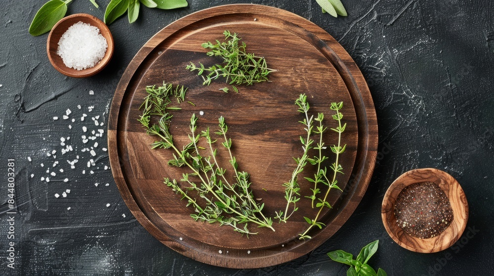 round wooden dish, highlighting the fresh herbs and salt on the dark wooden base. generative ai round wooden dish, highlighting the fresh herbs and salt on the dark wooden base. generative ai