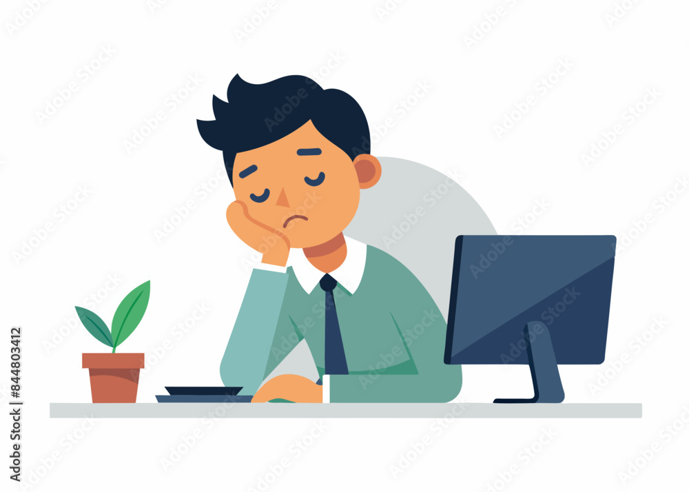 Boring office worker vector illustration. A low-energy office worker, hand on his chin, sits bored and sleepy at his work Boring office worker vector illustration. A low-energy office worker, hand on his chin, sits bored and sleepy at his work