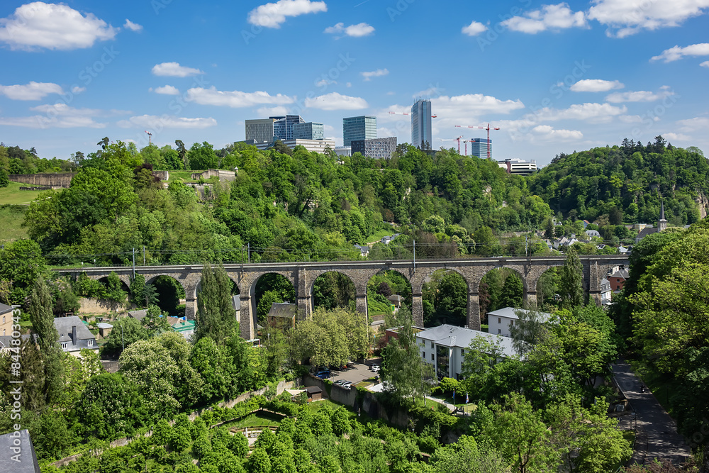 Beautiful panoramic view of Old town and Kirchberg district in North-eastern Luxembourg City. Grand Duchy of Luxembourg.
