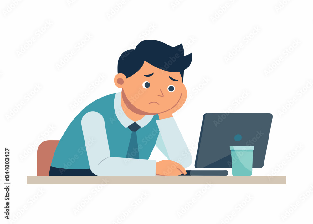 Boring office worker vector illustration. A low-energy office worker, hand on his chin, sits bored and sleepy at his work Boring office worker vector illustration. A low-energy office worker, hand on his chin, sits bored and sleepy at his work