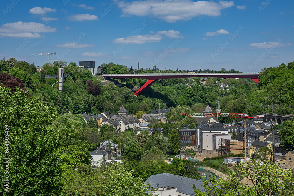 Fototapeta premium Beautiful panoramic view of Old town and Kirchberg district in North-eastern Luxembourg City. Grand Duchy of Luxembourg.