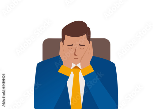 Boring office worker vector illustration. A low-energy office worker, hand on his chin, sits bored and sleepy at his work