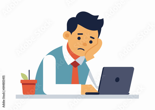 Boring office worker vector illustration. A low-energy office worker, hand on his chin, sits bored and sleepy at his work