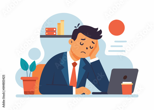 Boring office worker vector illustration. A low-energy office worker, hand on his chin, sits bored and sleepy at his work