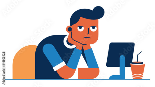 Boring office worker vector illustration. A low-energy office worker, hand on his chin, sits bored and sleepy at his work