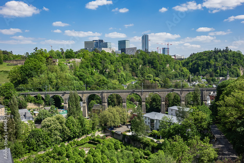 Obraz na płótnie Beautiful panoramic view of Old town and Kirchberg district in North-eastern Luxembourg City. Grand Duchy of Luxembourg. w salonie