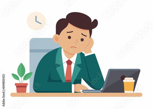 Boring office worker vector illustration. A low-energy office worker, hand on his chin, sits bored and sleepy at his work