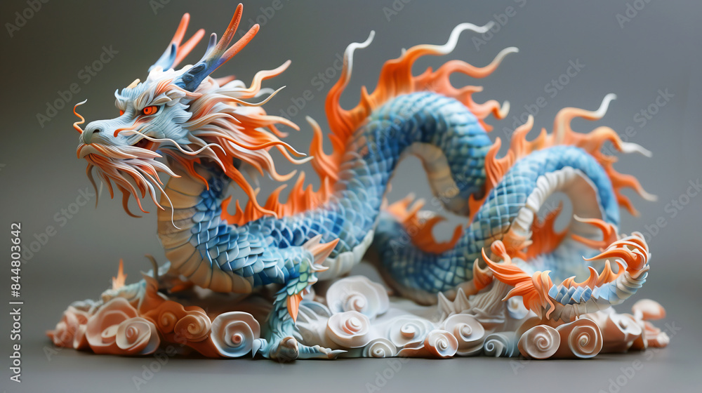 Sculpture, life-size figurine of a Chinese dragon in blue and orange colors. Chinese culture. Sculpture, life-size figurine of a Chinese dragon in blue and orange colors. Chinese culture.