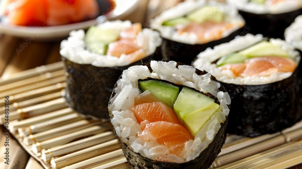Healthy Brown Rice Sushi Rolls with Avocado, Cucumber, Smoked Salmon on Bamboo Mat Healthy Brown Rice Sushi Rolls with Avocado, Cucumber, Smoked Salmon on Bamboo Mat