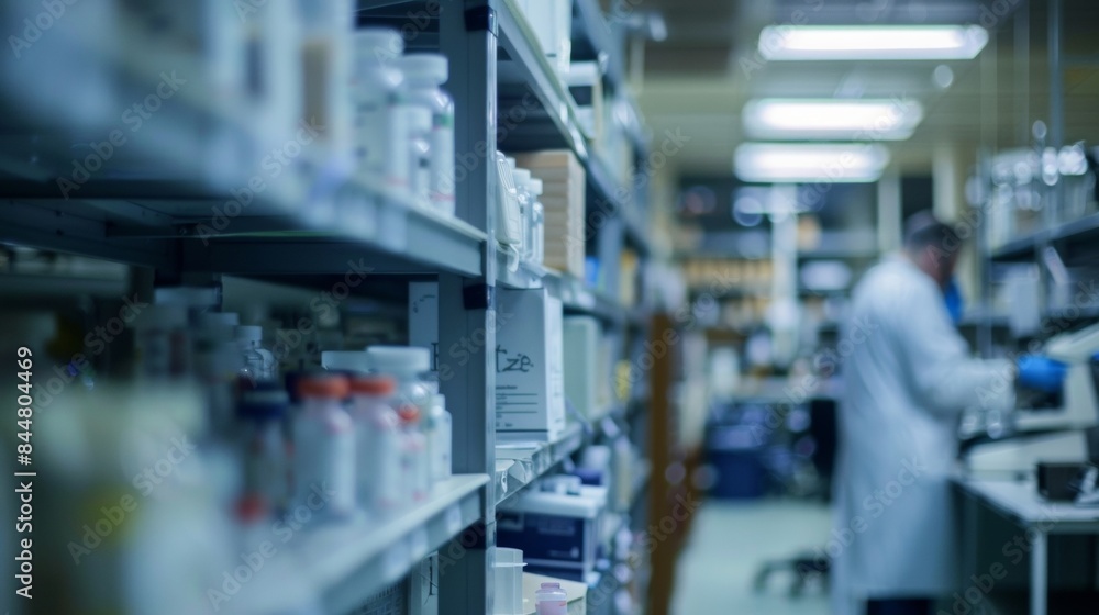 An intriguing image of a forensic lab with out of focus shelves of evidence containers and microscope slides. The blurred foreground suggests an active and busy lab dedicated to unraveling . An intriguing image of a forensic lab with out of focus shelves of evidence containers and microscope slides. The blurred foreground suggests an active and busy lab dedicated to unraveling .