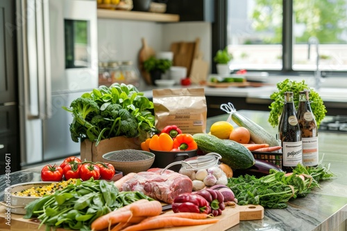 Fototapeta Naklejka Na Ścianę i Meble -  Healthy Grocery Haul: Fresh Fruits, Vegetables, Lean Meats, and Whole Grains for Nutritious Cooking