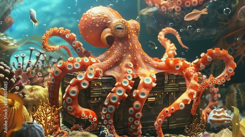 An octopus with bright orange skin and blue eyes is sitting on a treasure chest. The octopus is surrounded by colorful coral and fish.