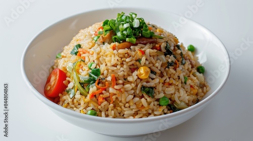 Fried rice against a white backdrop