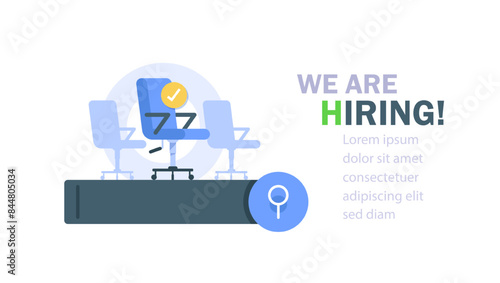 We are hiring. We are hiring announcement banner with four empty office chairs ready to be occupied . Job vacancy concept banner for searching and apply jobs