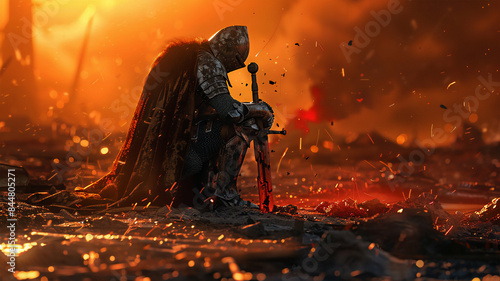 Fototapeta Naklejka Na Ścianę i Meble -  An old and exhausted knight in bloody armor kneels on the battlefield, holding a damaged sword. An orange sunset illuminates the scene, reflecting the sadness and gravity of the moment.