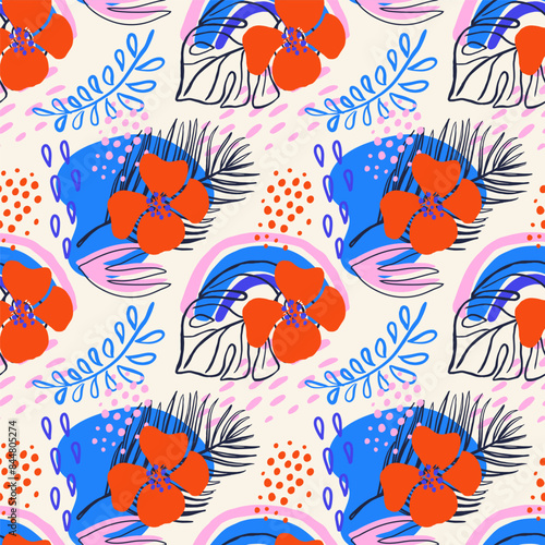 Abstract seamless pattern with tropical rainforest plants. Cute hand drawn textures, leaves and flowers. Bright modern background for paper, textile, social media design. Vector illustration.