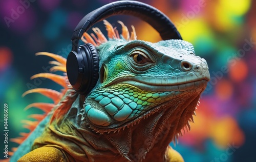 Headphoneswearing lizard staring at camera in closeup macro photography art photo