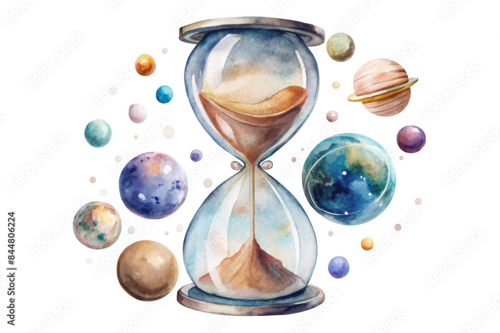 Fototapeta premium Watercolor Hourglass With Planets featuring a cosmic hourglass surrounded by colorful planets and stars, isolated on transparent background, png.