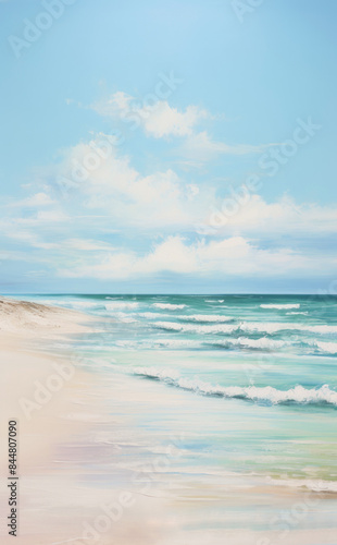Impressionism, soft colors, blurred image of a sea beach with sand dunes and blue waves, oil texture background, brush strokes.