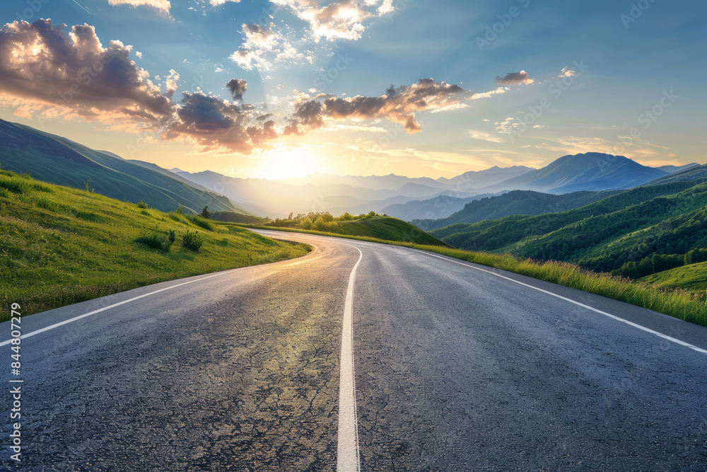 Empty long mountain road on a sunny background with mountains
Empty long mountain road on a sunny background with mountains
