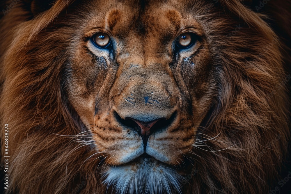 Naklejka premium Close-Up of Lion's Face with Intense Eyes