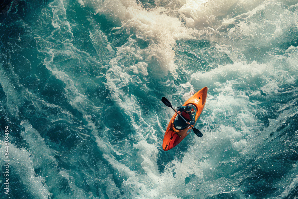 Obraz premium energy of whitewater kayakers navigating through dangerous fast water kayaking, top view 