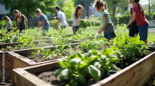 School Garden with Students Planting Herbs and Learning About Culinary and Medicinal Uses