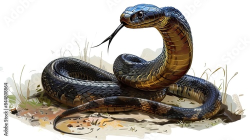 An illustration of a king cobra snake with hood out about to strike, Snake drawing