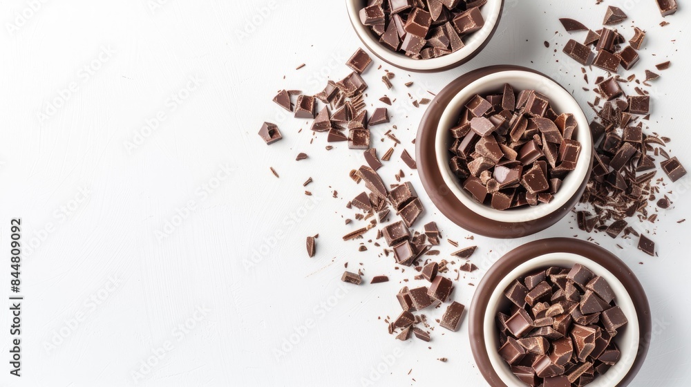 Bowls of tasty chocolate shavings on a white background Bowls of tasty chocolate shavings on a white background