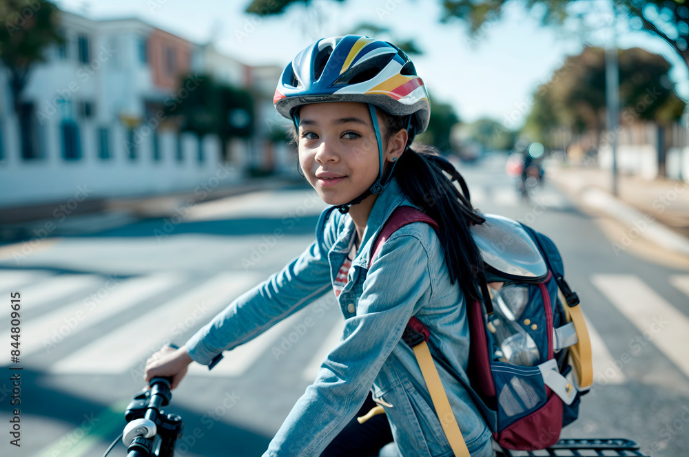 Young Afro-American girl on bike wearing safety helmet and school bag, crossing pedestrian crosswalk on way to school, emphasizing child safety, education, healthy transportation methods for students Young Afro-American girl on bike wearing safety helmet and school bag, crossing pedestrian crosswalk on way to school, emphasizing child safety, education, healthy transportation methods for students