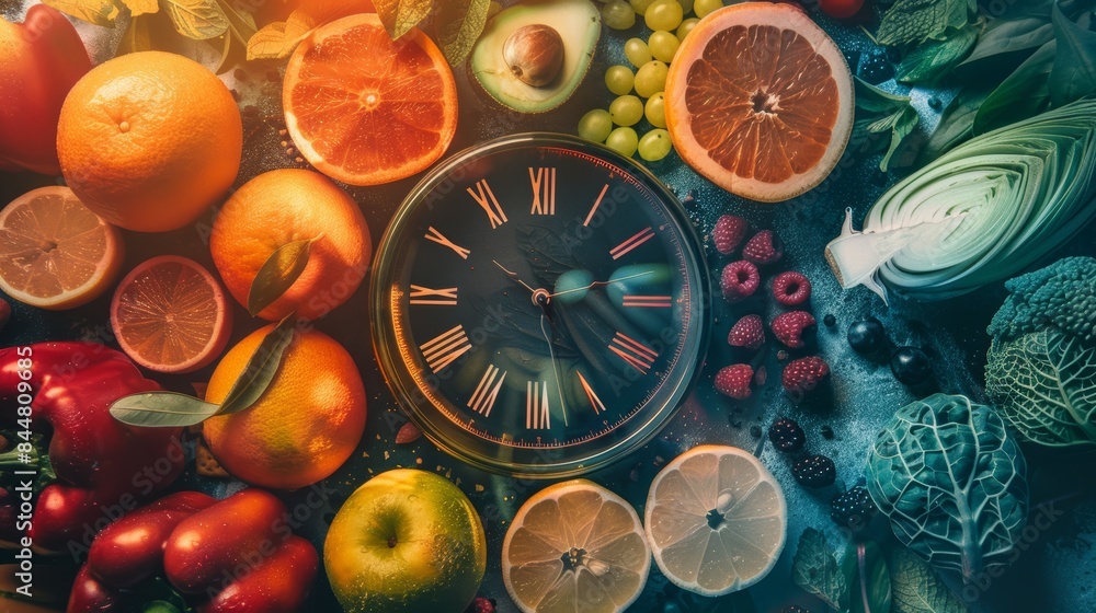 Healthy Nutrition Concept: Clock with Fresh Fruits and Vegetables for Wellness and Diet Healthy Nutrition Concept: Clock with Fresh Fruits and Vegetables for Wellness and Diet