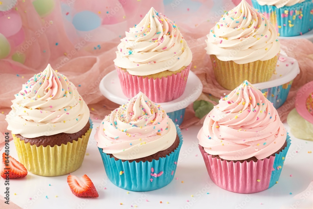 A trio of cupcakes in flavors of vanilla, chocolate, and strawberry A trio of cupcakes in flavors of vanilla, chocolate, and strawberry