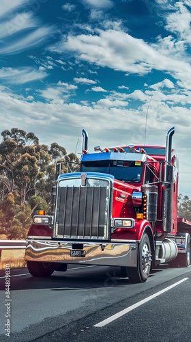 American style truck on freeway pulling load, sunseys
