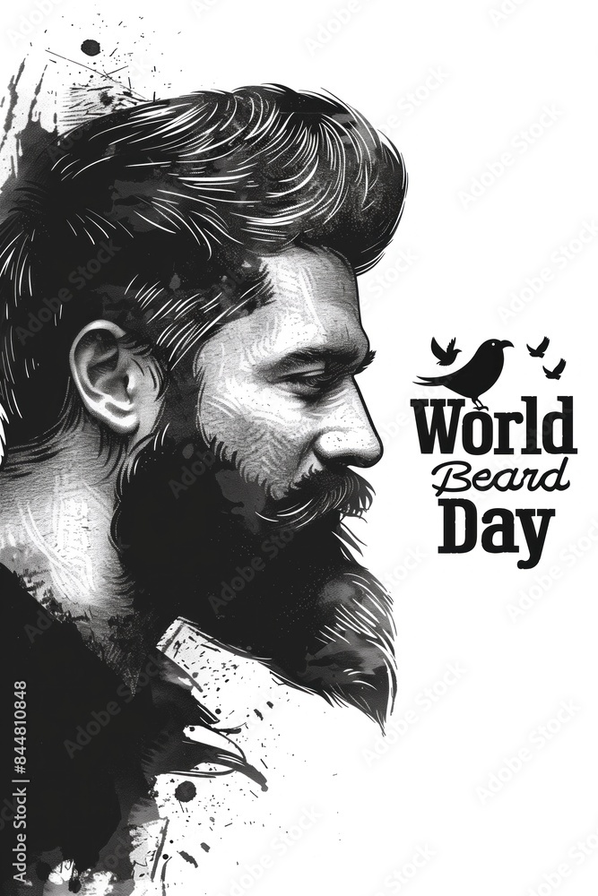 Fototapeta premium World Beard Day illustration featuring a bearded man in a monochrome artistic style. Celebrating beard culture.
