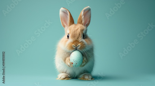 Adorable bunny holding a speckled egg on a turquoise background.   Concept representing Easter and springtime joy.