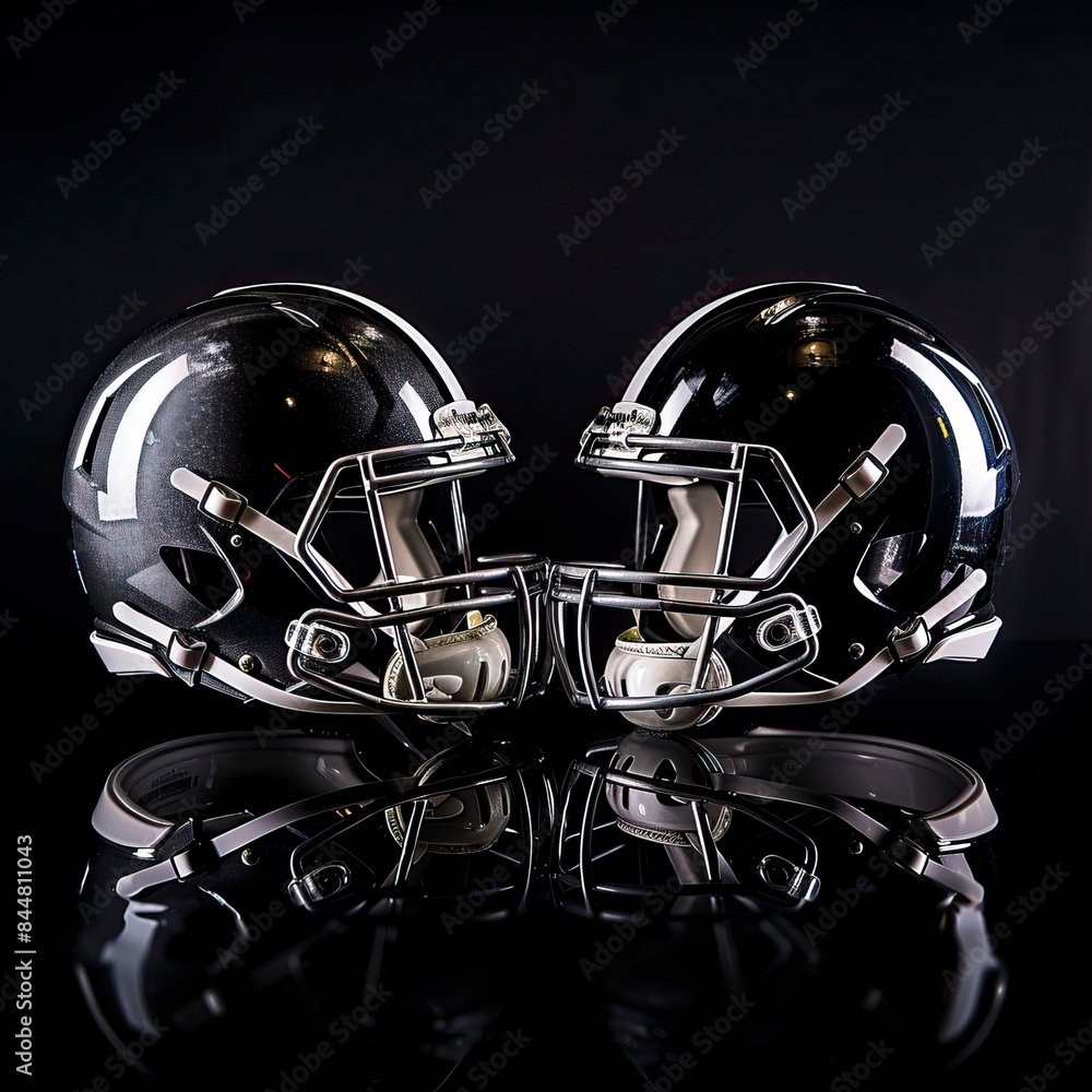 American football black and gray helmets and silver trophy ball on black dark background, superbowl image
American football black and gray helmets and silver trophy ball on black dark background, superbowl image