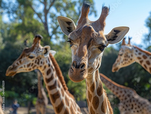 A close-up of several giraffes with a central focus on one, set against a lush, green background.