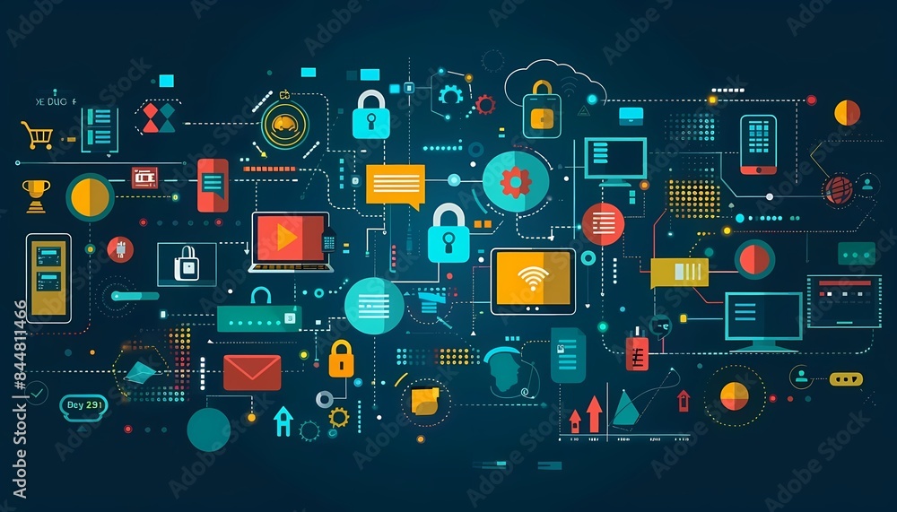 Flat design of information technology management with IT infrastructure, network management, and server maintenance Flat design of information technology management with IT infrastructure, network management, and server maintenance