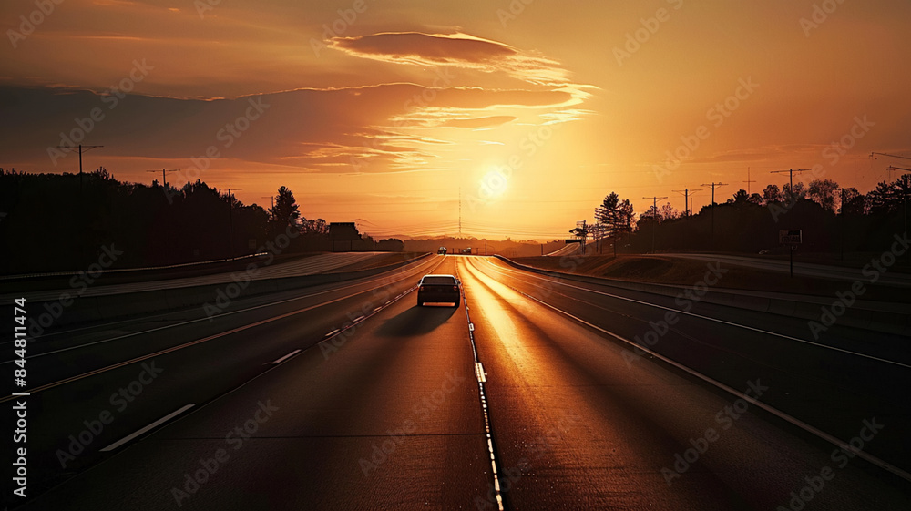 Fototapeta premium Country road with cloudy sky in the light of the dawn sunset, AI Generative.