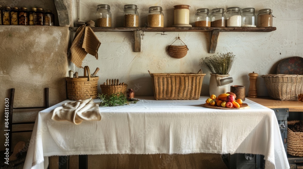 tablecloth of a rustic kitchen, with elements such as wicker baskets, jars of preserves and spices around it. generative ai tablecloth of a rustic kitchen, with elements such as wicker baskets, jars of preserves and spices around it. generative ai