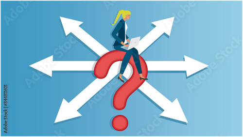 Woman uncertain about what road she should choose. Sitting on question mark with arrows with different angels in background. 16:9. Vector illustration.