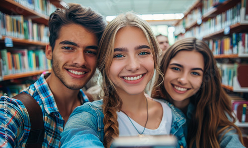 Caucasian Female Student Takes Group Selfie with Friends in School Library, International Youth Smiling, Cheerful and Successful, Daytime Study Break, Happy College Life © Bartek