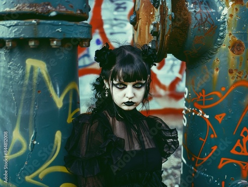 Gothic lola, black hair, bangs, short hair, hair buns, green eyes, black mascara, black lipstick, black blouse, black mini skirt, ruffles, white shoulder blades