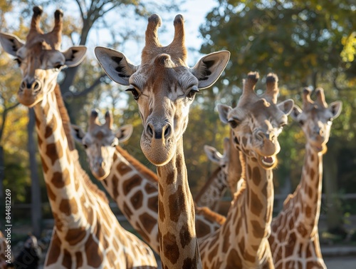 A group of giraffes stands closely together in a sunlit forest  with trees in the background.